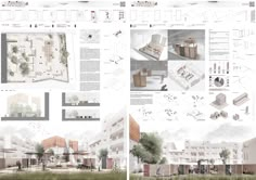 an architectural drawing shows the various sections of a building and its surrounding courtyards, trees, and benches