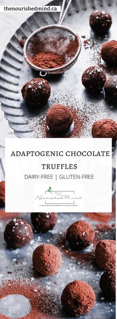 chocolate truffles on a baking sheet with the words,'apatogenic chocolate truffles dairy - free gluen - free '