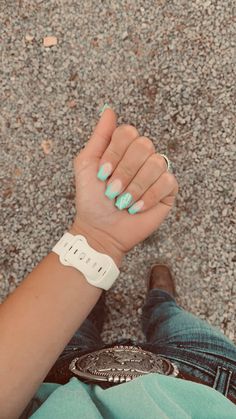 Country Nail Inspo Short, Short Punchy Nails, Tourquise Nails Design Short, Almond Country Nails, Cute Teal Nail Ideas, Western Country Nail Ideas, Cute Western Nails Simple, Short Nails Western, White Western Nail Ideas