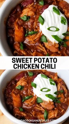 crockpot sweet potato and chicken chili with sour cream on top in a white bowl