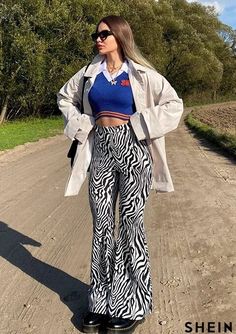 Print Flare Pants Outfits, Zebra Print Outfits, Women Streetwear Summer