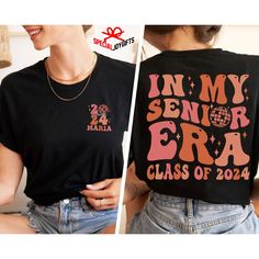 In My Senior Era Shirt, Personalized Senior 2024 Shirt, Class of 2024 Tee, Graduation 2024 Gift, Back To School, Graduation Gift, College  Class Of 2024 ShirtSenior 2024 GiftIn My Senior EraGraduation 2024 GiftSenior 2024 Tshirt2024 Grad ShirtCollege GraduationTeam teacher shirt1st day of schoolHigh School SeniorSenior Mom Shirtgraduation giftBack To School Shirt ---------- PRODUCT DETAILS ---------- - Discover the timeless appeal of Comfort Colors® with the C1717 garment-dyed t-shirt, boasting a vintage aesthetic and a comfortable, relaxed fit. - Crafted from 100% ring-spun cotton for superior softness. - Medium weight fabric (6.1 oz/yd² or 206.8 g/m²) ensures durability and comfort. - For a more tailored appearance, consider sizing down. - Opting for your usual size offers a laid-back, r Senior Era, Grad Shirts, College Class, Graduation 2024, Class Of 2024, School Graduation, Oversized Style