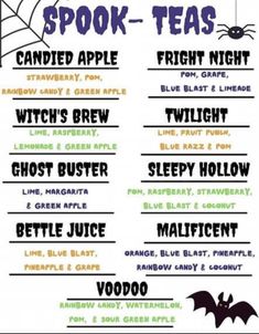 the spook - teas list for halloween is shown in purple, green and orange