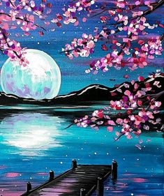 a painting of a full moon over a lake with a dock in the foreground