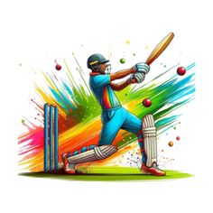 a cricket player hitting the ball with colorful paint splatters around him and his bat