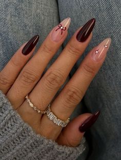 Brown Fall Almond Nails Design, Fall Gel X Nail Designs Almond, Medium Almond Nails Designs Fall, Nail Inspo Fall Almond, Fall Birthday Nails Almond, At Home Fall Nails, Autumn Almond Nails Design, Mulberry Nails Design, Nail Inspo October