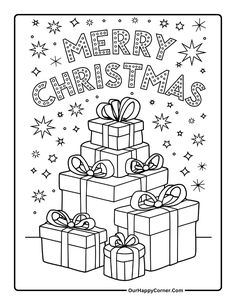 merry christmas coloring page with presents and stars in the background for kids to color on