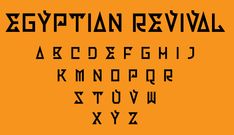 the egyptian revival font and numbers are in black on an orange background with white letters