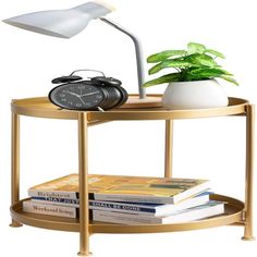 a table with a clock, books and a plant on it next to a lamp