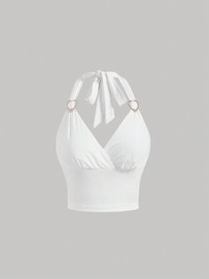 Weiss Lässig Collar  Strickstoff Einfarbig Neckholder Embellished Leicht-dehnbar Spring Summer Capsule Wardrobe, Classy Outfits For Women, White Halter Top, Top Halter, Heart Shaped Rings, Fashionista Clothes, Fashion Attire