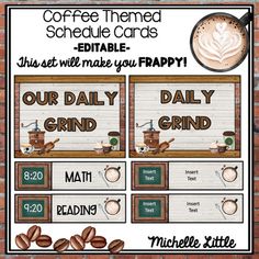 the coffee themed schedule cards are available for students to use on their school desks