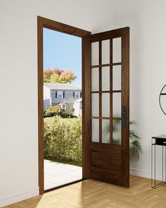 an open wooden door in a white room