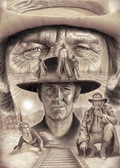 the poster for indiana jones is shown in pencil and pastel, as well as an image of two men on railroad tracks