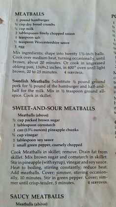 a menu for meatballs on a piece of paper