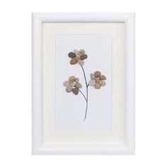 a white frame with some rocks on it and a flower in the middle is shown