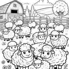 a herd of sheep standing in front of a barn