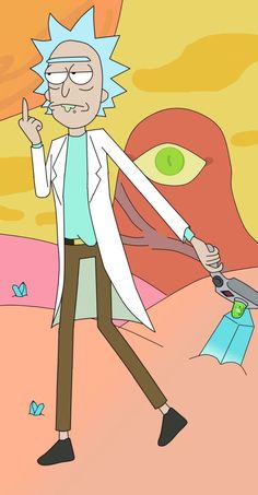 the cartoon rick is holding scissors in one hand and pointing at something on the other