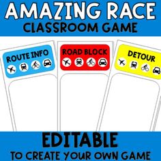 This product is designed for teachers of any subject to create their own clues in order to create their own Amazing Race. This product includes:Tips on setting up your own Amazing Race gameBLANK templates for 4 types of clues seen on the popular show: Route Info, Detour, Road Block, and Fast ForwardIncludes both color ink and black ink printing options***This product only has BLANK cards and will open in PowerPoint for you to type in your clue (using your own fonts).Want to try Amazing Race, but Amazing Race Challenges For Adults, Race Clues, Amazing Race Challenges, Ink Printing, Classroom Games, Amazing Race, Popular Shows, Color Ink, Test Prep