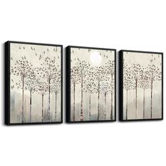 three paintings with trees and birds on them