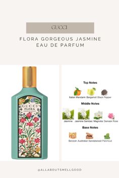 Top notes are Italian Mandarin, Bergamot and Black Pepper; middle notes are Jasmine, Jasmine Sambac, Magnolia and Damask Rose; base notes are Benzoin, Australian Sandalwood and Patchouli. Gucci Flora Gorgeous Jasmine, Gucci Flora Perfume, Parfum Gucci, Flora Gucci, Essential Oil Perfumes Recipes, Gucci Perfume, Fragrance Lab, Jasmine Fragrance