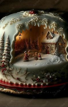 a christmas scene on a cake covered in frosting