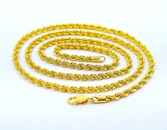 Please click -- Learn more about this item -- below for a full description 22K Yellow Gold Rope Chain Necklace 24 in Hollow 3.4mm Genuine Hallmarked 916   Specifications - Brand: "GoldShine - Treasure For Generations" - Size: 24 inch (61.3 cm) - Thickness: 3.4 mm (Chain may look thicker than 3.4 mm in pictures) - Style: Chain/Necklace  - Chain type: Rope (hollow) - Closure: Lobster claw clasp - Hallmark: 916 (91.6% gold) - Metal: Genuine 22K yellow gold (100% guaranteed) - Weight: 11.51 gm Approx. - Remark: Brand NEW, Exceptionally high quality, eye catching beauty and shine (SKU: 916-5391) * Chain is NOT solid * Please allow small variance, if any, in ALL measurements Important Notes - Jewelries may look bigger and chains slightly thicker in pictures - Please check specifications for true Necklace Chain Types, Gold Rope Chains, Rope Chain Necklace, Stunning Jewellery, Fine Jewellery Necklace, Rope Chain, Jewelry Bags, Chains Necklace, Hallmark