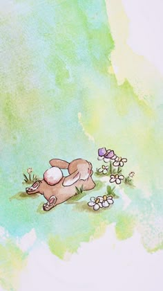 a drawing of a dog laying on its back in the grass with flowers around it