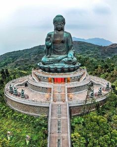 a large buddha statue sitting in the middle of a lush green forest covered mountain side