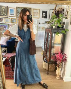 Summer Dress Outfits Modest, Fall Pinafore Dress, Why You Should Dress Modestly, Vintage Jean Dress Outfit, Wearing Dress In Winter, Denim Pinafore Dress Outfit Winter, Outfit Ideas Large Size, Cute Outfits Dress Up, Styling A Dress For Fall