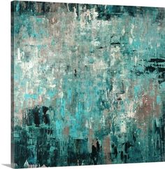 an abstract painting with blue and green colors on the canvas, framed in black frame