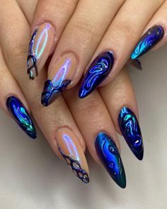 Gel Tips Nails Ideas Art Designs, Young Miko Nails, Dramatic Nails Designs, Cybergoth Nails, 3d Nails Design, Art Deco Nail Art, Lady Gaga Nails, Cyberpunk Nails, 3d Chrome Nails