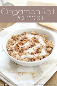 cinnamon roll oatmeal in a white bowl