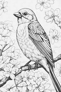 a bird sitting on top of a tree branch with flowers in the background and a sky full of clouds