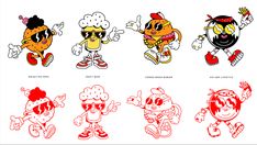 six cartoon characters in different colors and sizes, all with sunglasses on their faces or arms