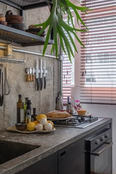 the kitchen counter is clean and ready to be used as a cooking station for food preparation