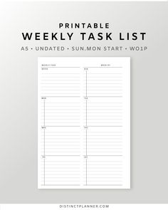 the printable weekly task list is shown in black and white with text overlay