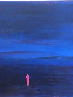 a painting of a person standing in the ocean at night, looking out to sea