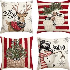 four pillows with christmas decorations on them