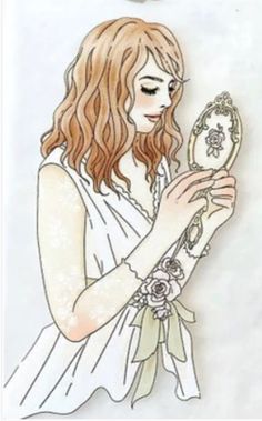 a drawing of a woman holding a mirror