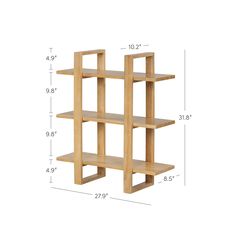 a wooden shelf with three shelves on each side and measurements for the height of it