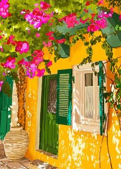 a painting of a yellow house with green shutters and pink flowers on the outside