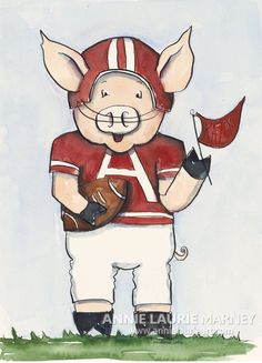 a drawing of a pig wearing a football uniform and holding a baseball glove in his hands