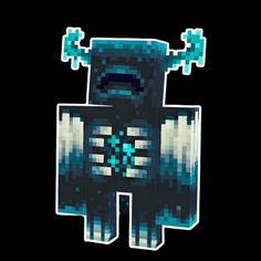 an image of a pixellated robot with blue eyes and arms, standing in front of a black background