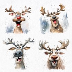 four different pictures of reindeers with their mouths open