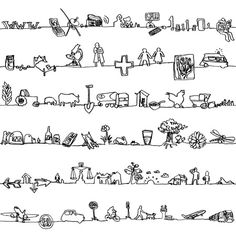 a black and white drawing of many different things