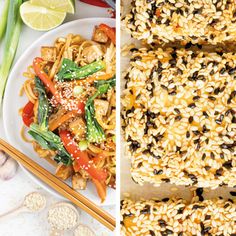 two pictures one with sesame seeds, the other with rice and vegetables on plates next to chopsticks