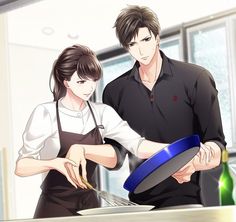 a man and woman are cooking together in the kitchen, one is holding a frying pan