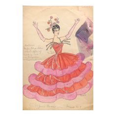 a drawing of a woman in an orange and pink dress