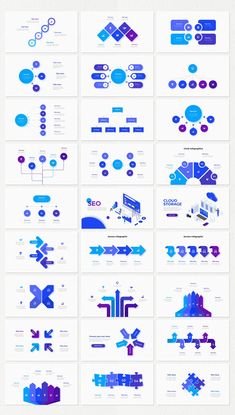 a bunch of blue and purple shapes are shown in this graphic art workflowe