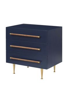 a blue dresser with three drawers and gold handles